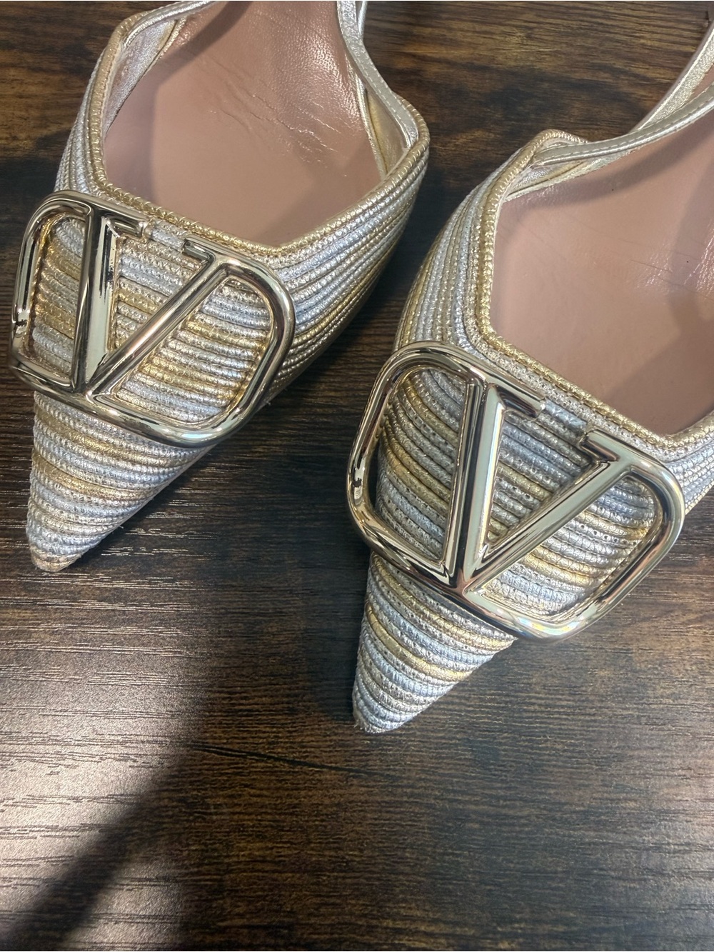 Valentino Metallic Gold and Pink Pointed Slingback Pumps with V Logo - Picture 2 of 8